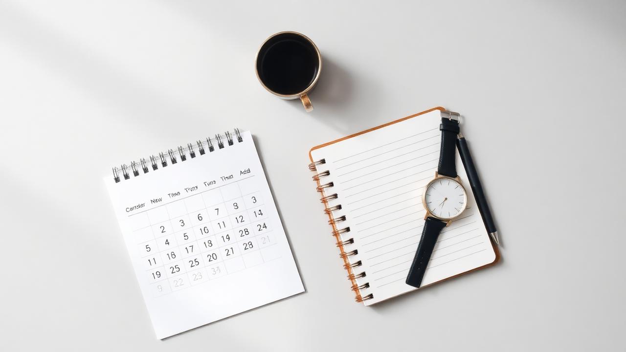 Calendar, notebook, watch and coffee cup on a light desk