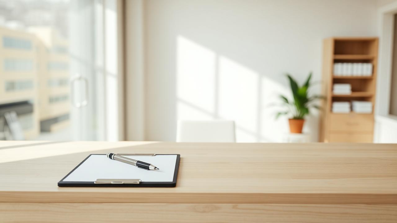 Clipboard and pen on a bright reception counter