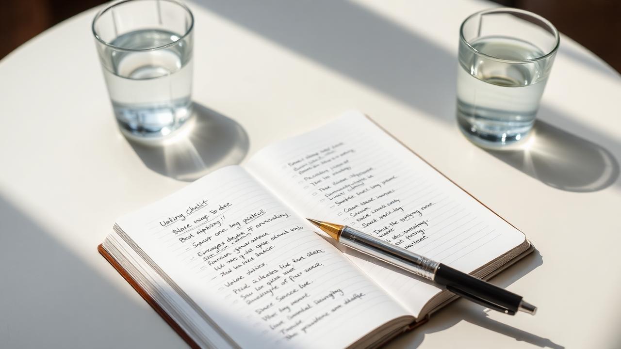 Open notebook with a handwritten checklist beside glasses of water